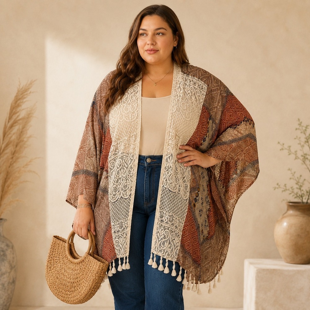Oneworld Live and Let Live Kimono Cardigan Women 3XL Lace Back Tassel Fringe Top